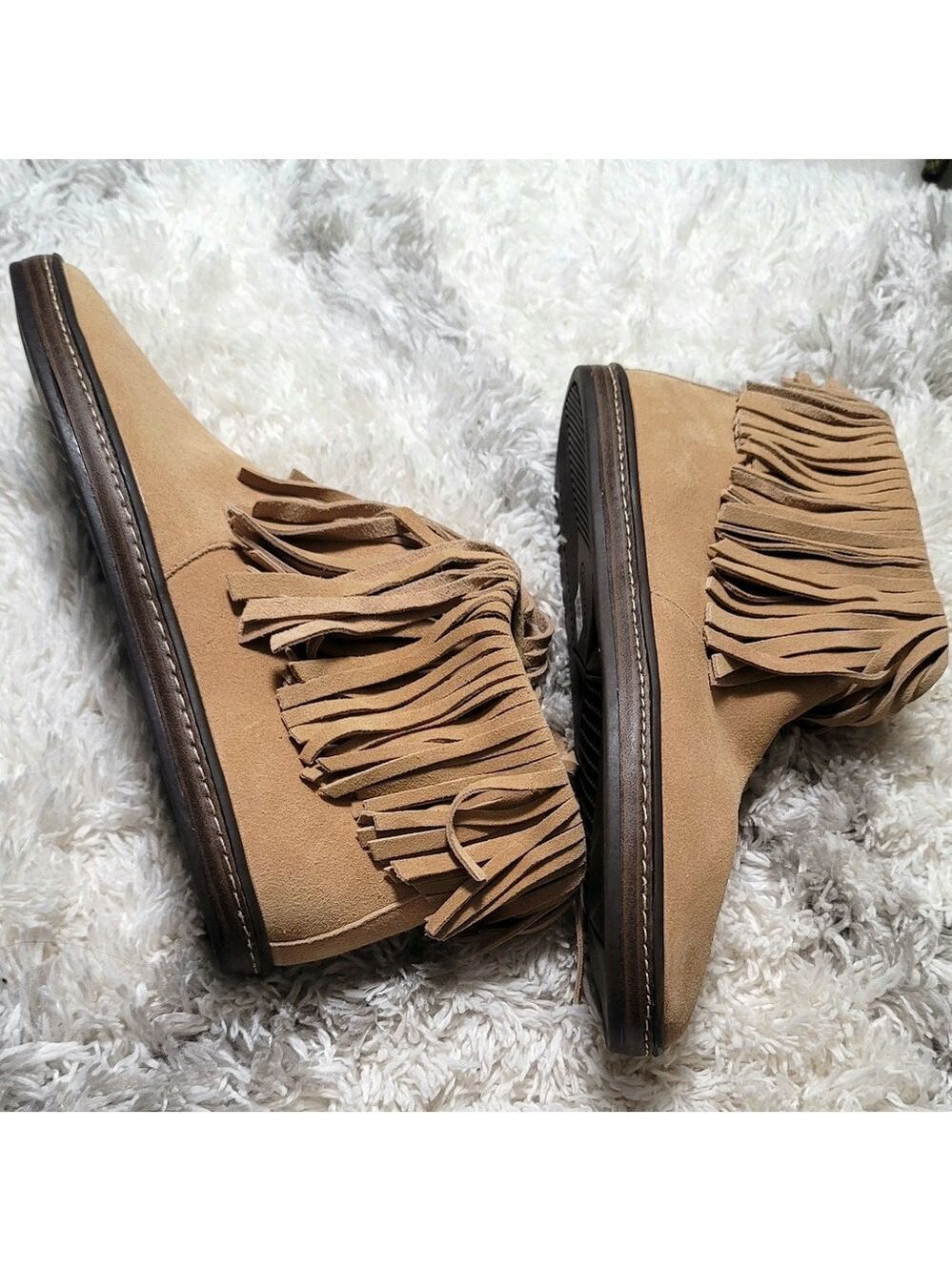 Aerosoles Good Fun Tan Fringed Suede Ankle Boots Booties Size 9 M